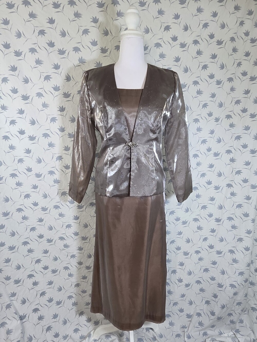 R&M Richards Metallic Taupe Evening Blazer and Dress Set